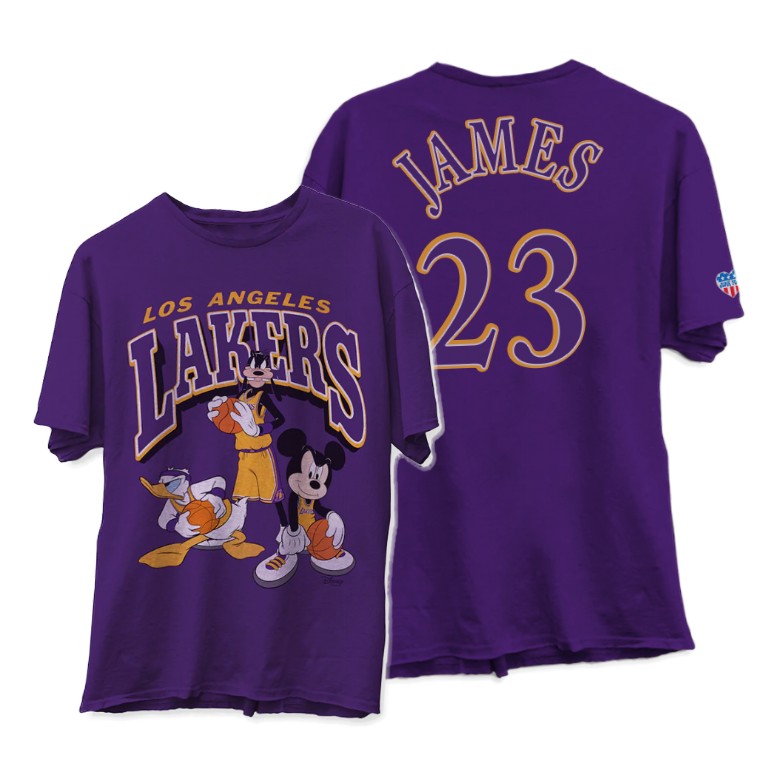 Men's Los Angeles Lakers LeBron James #23 NBA Squad Disney X Collection Mickey Junk Food Purple Basketball T-Shirt GQH3783RV